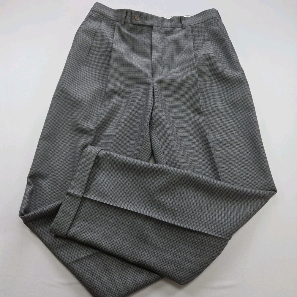 Barry Bricken Mens Dress Pants 34X32 Pleated Front Cuffed 100% Wool Houndstooth